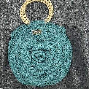 One of a Kind Hand Made Elegant Teal Crochet Rose  Bag with Gold Handle